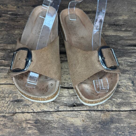 Yokono Brown Suede Leather Slide Sandals Women’s 6.5 Made in Spain Buckle - Picture 2 of 13